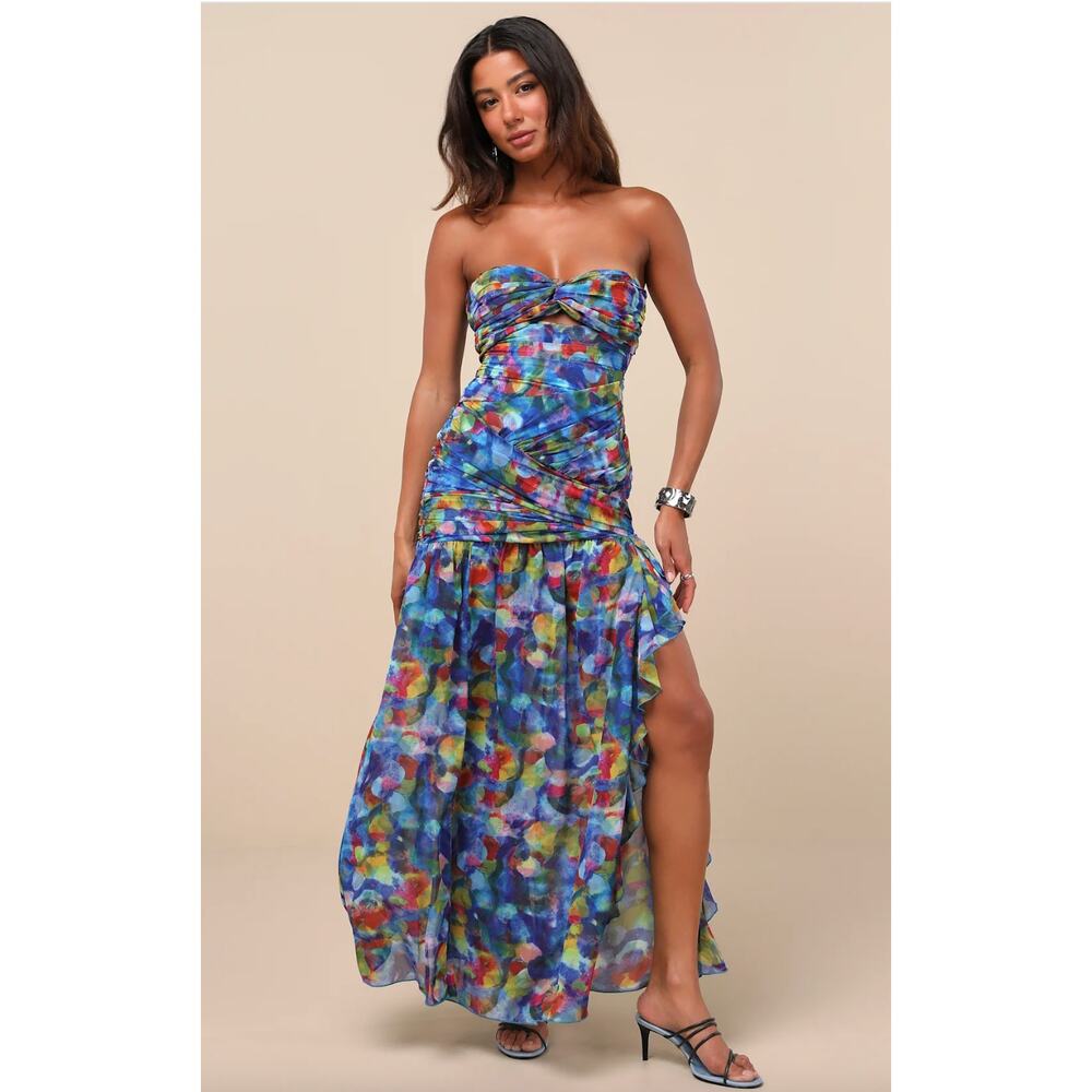 Lulus Jeniah Blue Multi Abstract Print Drop Waist Maxi Dress Formal Medium NWT